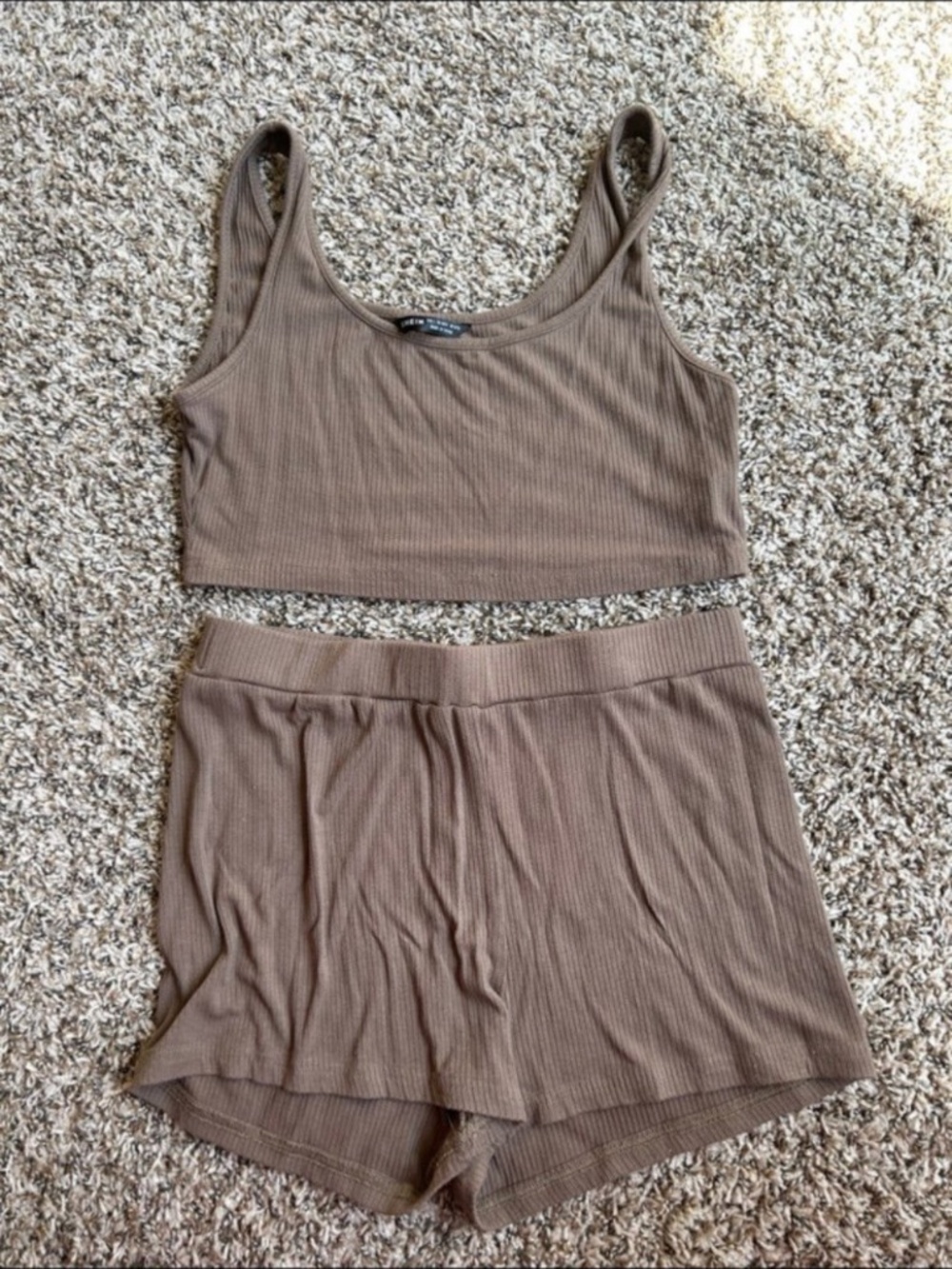 Brown Ribbed Tank and Shorts Set